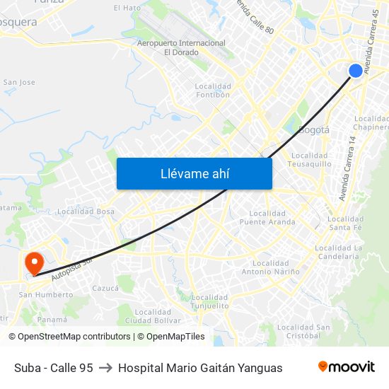 Suba - Calle 95 to Hospital Mario Gaitán Yanguas map