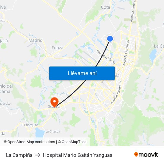 La Campiña to Hospital Mario Gaitán Yanguas map