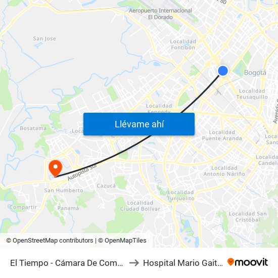 El Tiempo - Cámara De Comercio De Bogotá to Hospital Mario Gaitán Yanguas map