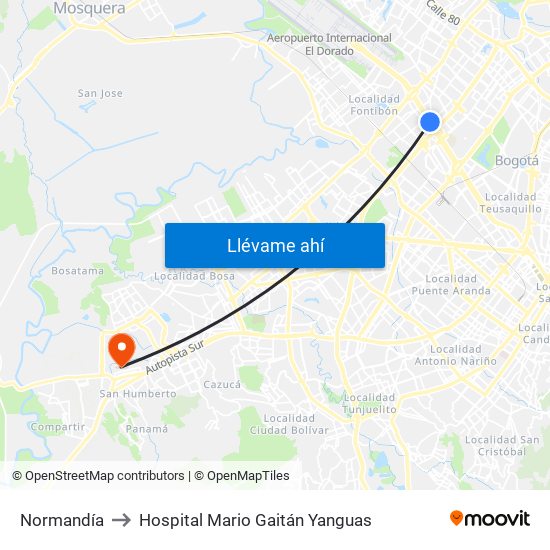 Normandía to Hospital Mario Gaitán Yanguas map