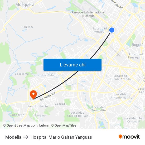 Modelia to Hospital Mario Gaitán Yanguas map