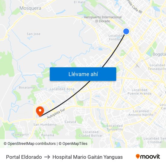 Portal Eldorado to Hospital Mario Gaitán Yanguas map