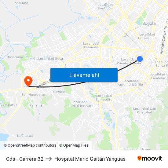 Cds - Carrera 32 to Hospital Mario Gaitán Yanguas map