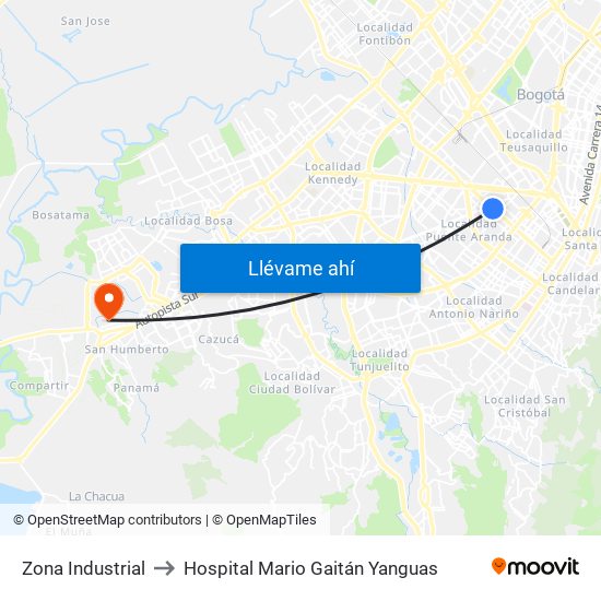Zona Industrial to Hospital Mario Gaitán Yanguas map
