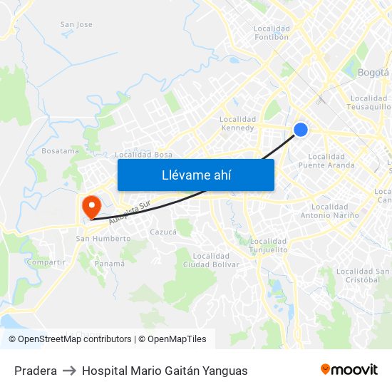 Pradera to Hospital Mario Gaitán Yanguas map