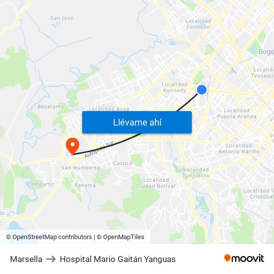 Marsella to Hospital Mario Gaitán Yanguas map