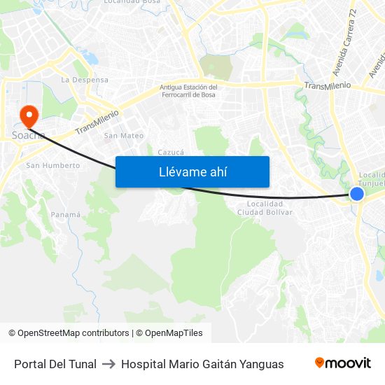 Portal Del Tunal to Hospital Mario Gaitán Yanguas map