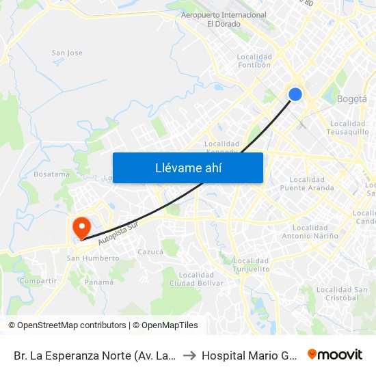 Br. La Esperanza Norte (Av. La Esperanza - Kr 69d) to Hospital Mario Gaitán Yanguas map