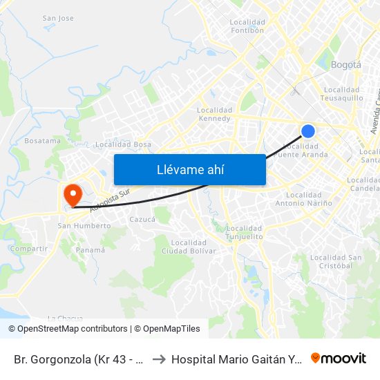 Br. Gorgonzola (Kr 43 - Cl 12b) to Hospital Mario Gaitán Yanguas map