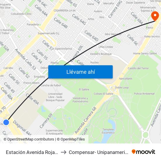 Estación Avenida Rojas (Ac 26 - Kr 69d Bis) (B) to Compensar- Unipanamericana Fundacion Universitaria map