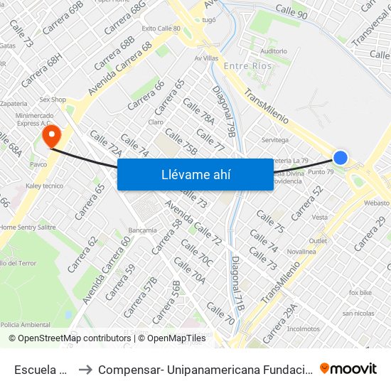 Escuela Militar to Compensar- Unipanamericana Fundacion Universitaria map