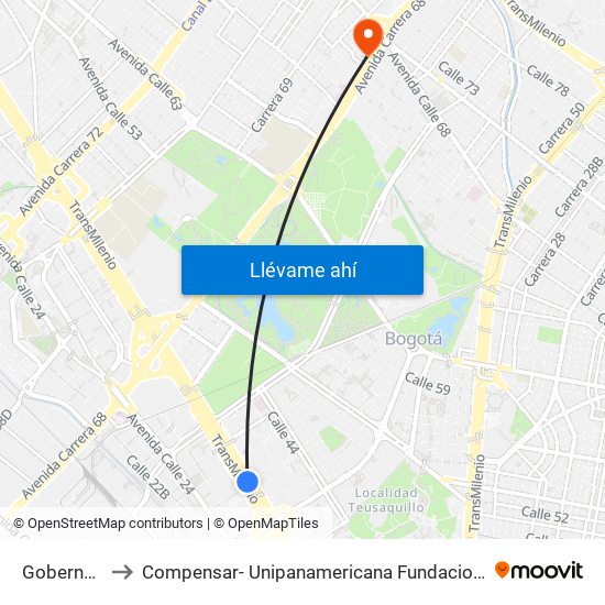 Gobernación to Compensar- Unipanamericana Fundacion Universitaria map