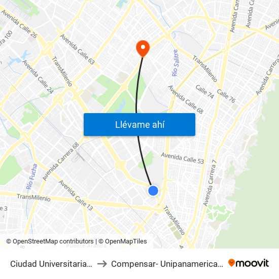 Ciudad Universitaria - Lotería De Bogotá to Compensar- Unipanamericana Fundacion Universitaria map