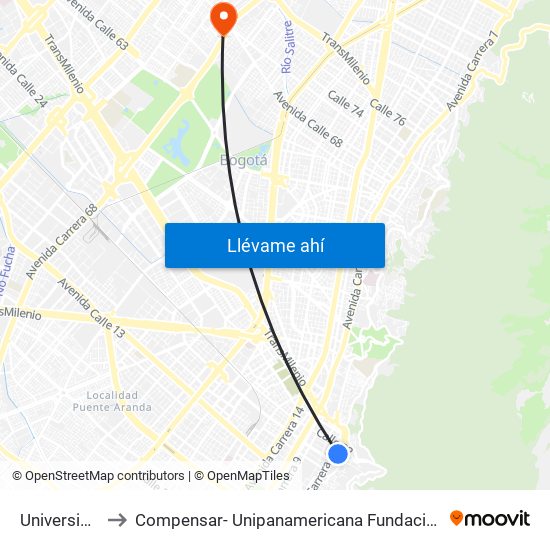 Universidades to Compensar- Unipanamericana Fundacion Universitaria map