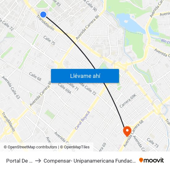 Portal De La 80 to Compensar- Unipanamericana Fundacion Universitaria map