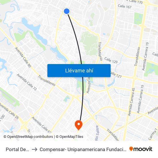 Portal De Suba to Compensar- Unipanamericana Fundacion Universitaria map