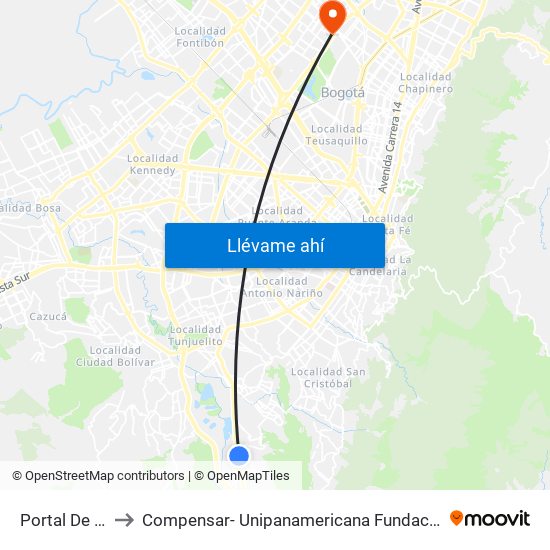 Portal De Usme to Compensar- Unipanamericana Fundacion Universitaria map