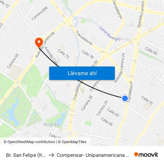 Br. San Felipe (Kr 20a - Cl 74) to Compensar- Unipanamericana Fundacion Universitaria map