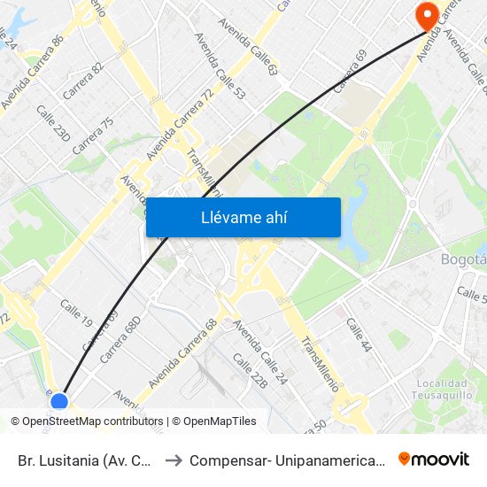 Br. Lusitania (Av. Centenario - Ak 68d) to Compensar- Unipanamericana Fundacion Universitaria map
