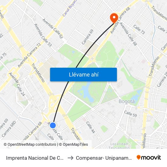 Imprenta Nacional De Colombia (Av. Esperanza - Kr 66) to Compensar- Unipanamericana Fundacion Universitaria map