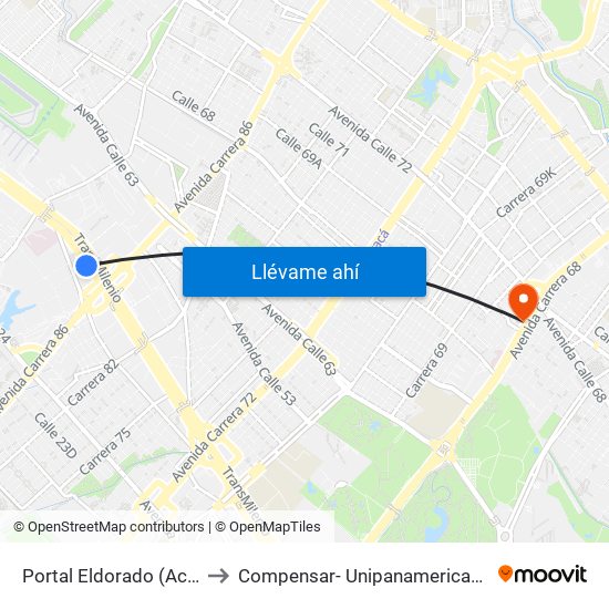 Portal Eldorado (Ac 26 - Av. C. De Cali) to Compensar- Unipanamericana Fundacion Universitaria map