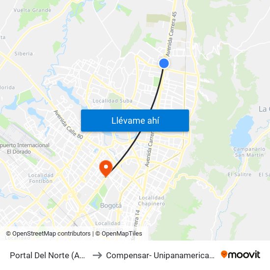 Portal Del Norte (Auto Norte - Cl 174a) to Compensar- Unipanamericana Fundacion Universitaria map