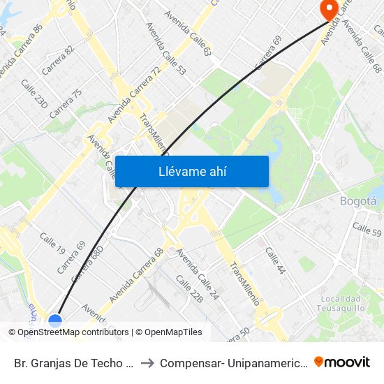 Br. Granjas De Techo (Av. Centenario - Kr 65) to Compensar- Unipanamericana Fundacion Universitaria map