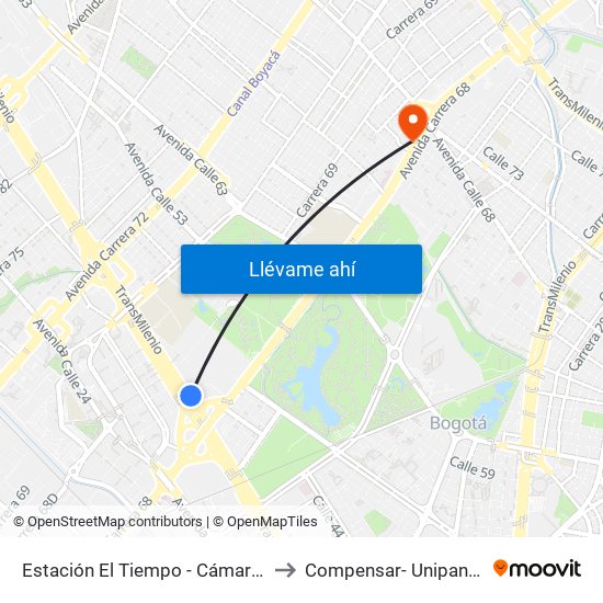 Estación El Tiempo - Cámara De Comercio De Bogotá (Ac 26 - Kr 68b Bis) to Compensar- Unipanamericana Fundacion Universitaria map