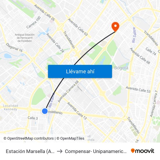 Estación Marsella (Av. Américas - Kr 69b) to Compensar- Unipanamericana Fundacion Universitaria map