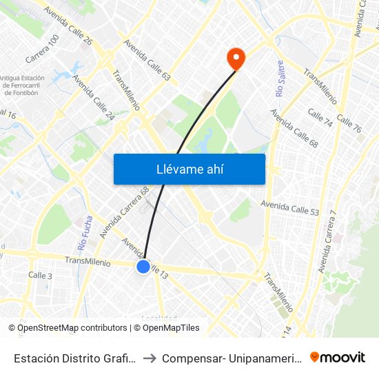 Estación Distrito Grafiti (Av. Américas - Kr 53a) to Compensar- Unipanamericana Fundacion Universitaria map