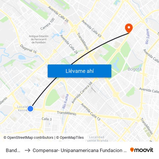 Banderas to Compensar- Unipanamericana Fundacion Universitaria map