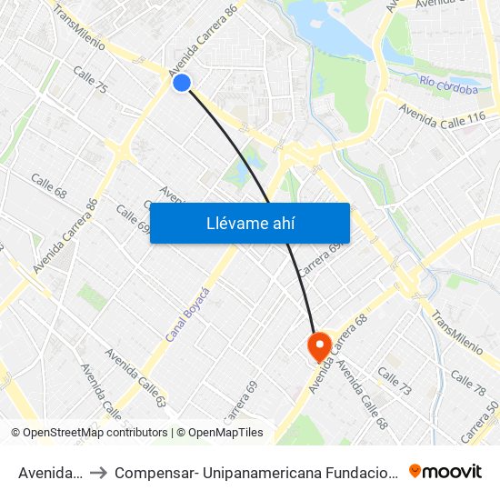 Avenida Cali to Compensar- Unipanamericana Fundacion Universitaria map