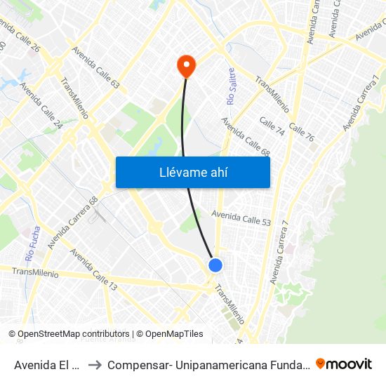 Avenida El Dorado to Compensar- Unipanamericana Fundacion Universitaria map