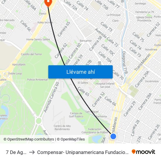 7 De Agosto to Compensar- Unipanamericana Fundacion Universitaria map