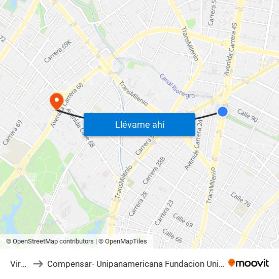 Virrey to Compensar- Unipanamericana Fundacion Universitaria map