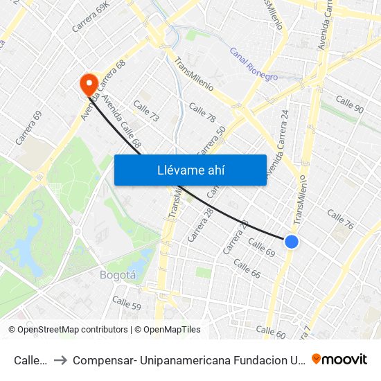 Calle 72 to Compensar- Unipanamericana Fundacion Universitaria map