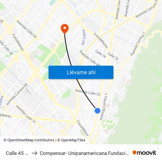 Calle 45 - Asw to Compensar- Unipanamericana Fundacion Universitaria map