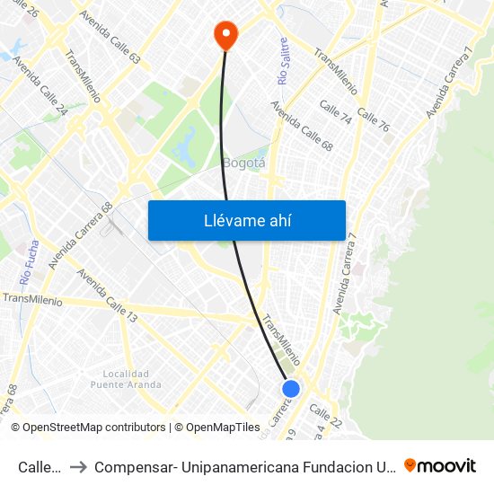 Calle 22 to Compensar- Unipanamericana Fundacion Universitaria map