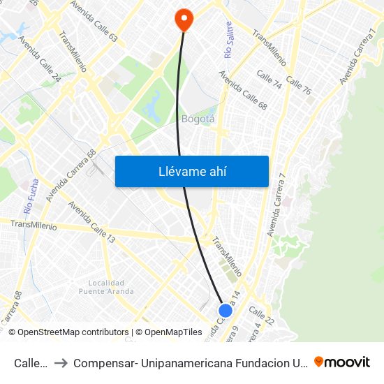 Calle 19 to Compensar- Unipanamericana Fundacion Universitaria map