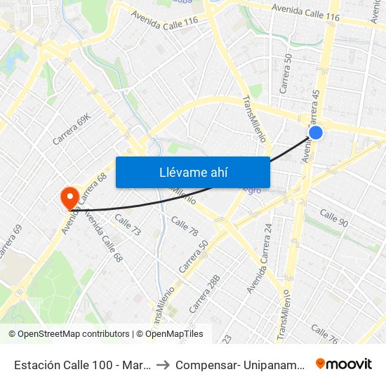 Estación Calle 100 - Marketmedios (Auto Norte - Cl 98) to Compensar- Unipanamericana Fundacion Universitaria map