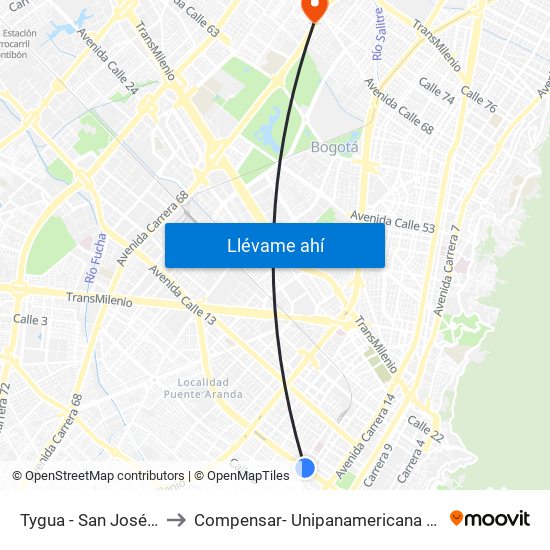 Tygua - San José (Lado Norte) to Compensar- Unipanamericana Fundacion Universitaria map