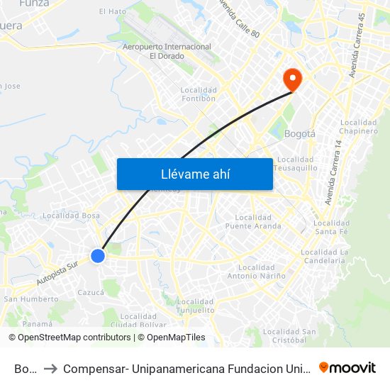 Bosa to Compensar- Unipanamericana Fundacion Universitaria map