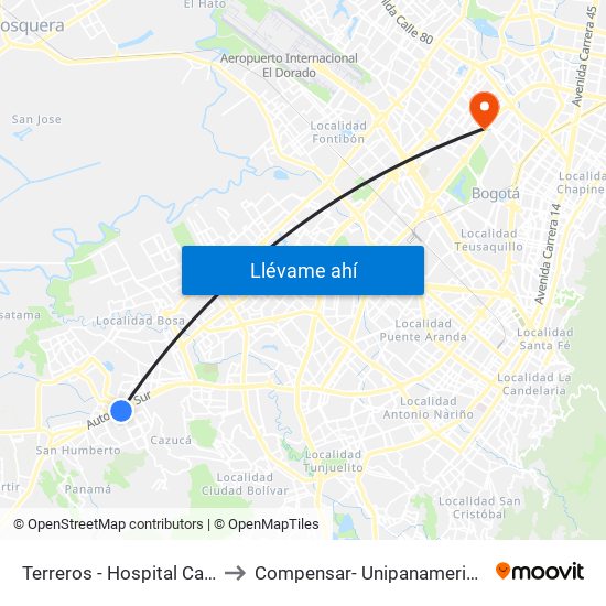 Terreros - Hospital Cardiovascular (Lado Sur) to Compensar- Unipanamericana Fundacion Universitaria map