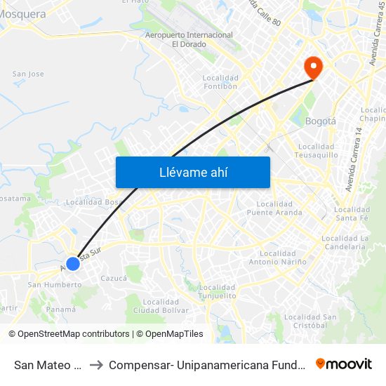 San Mateo - Unisur to Compensar- Unipanamericana Fundacion Universitaria map