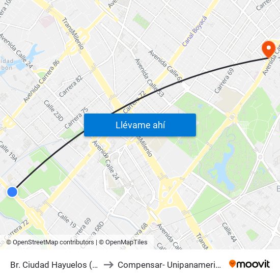 Br. Ciudad Hayuelos (Av. Centenario - Kr 78g) to Compensar- Unipanamericana Fundacion Universitaria map