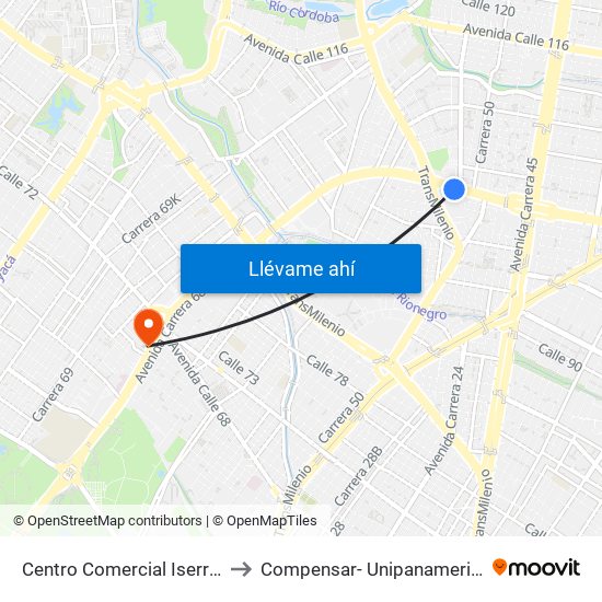 Centro Comercial Iserra 100 (Ac 100 - Kr 54) (B) to Compensar- Unipanamericana Fundacion Universitaria map