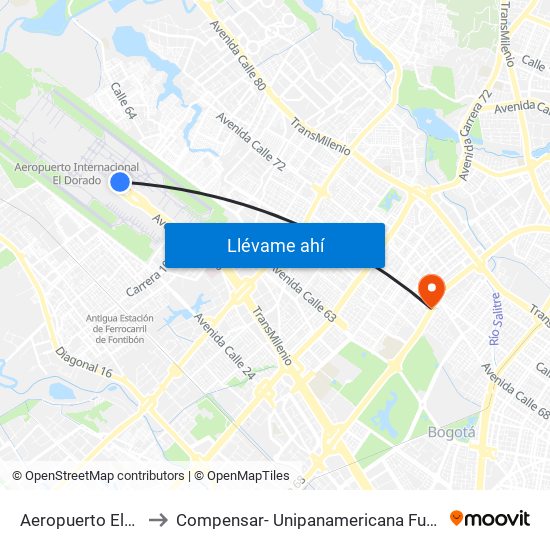 Aeropuerto Eldorado (B) to Compensar- Unipanamericana Fundacion Universitaria map