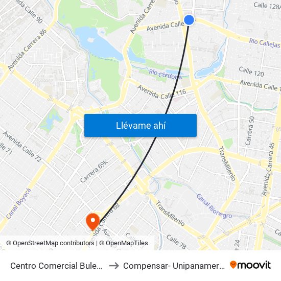 Centro Comercial Bulevar Niza (Ac 127 - Av. Suba) to Compensar- Unipanamericana Fundacion Universitaria map