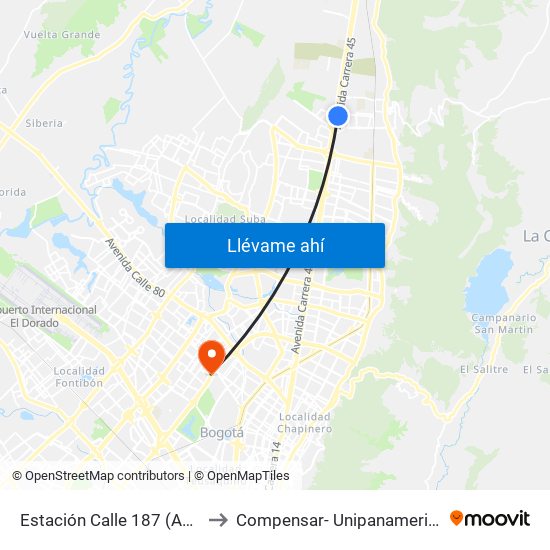 Estación Calle 187 (Auto Norte - Cl 187 Bis) (A) to Compensar- Unipanamericana Fundacion Universitaria map