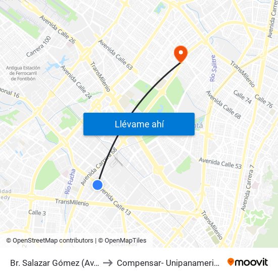 Br. Salazar Gómez (Av. Centenario - Kr 65) (A) to Compensar- Unipanamericana Fundacion Universitaria map